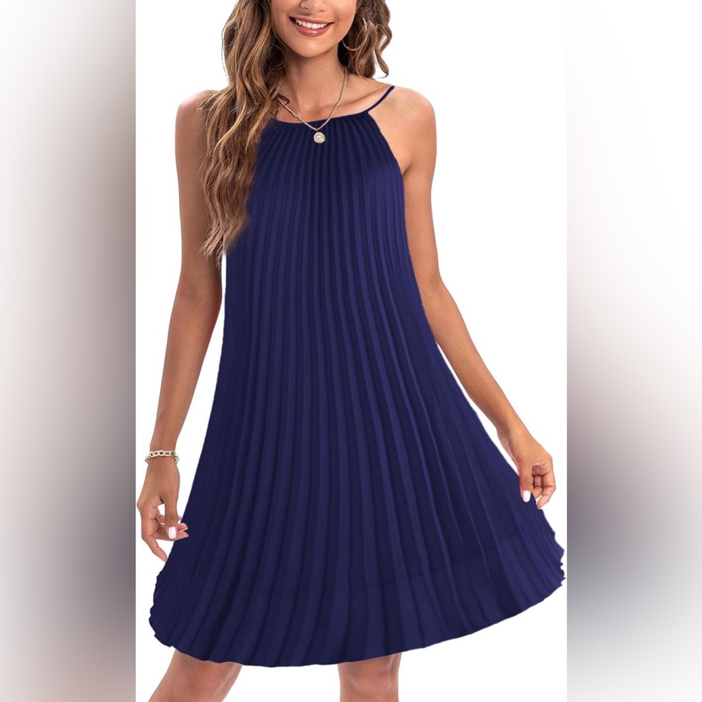 Ellames Women's Spaghetti Strap Pleated Casual Swing Dress with Belt